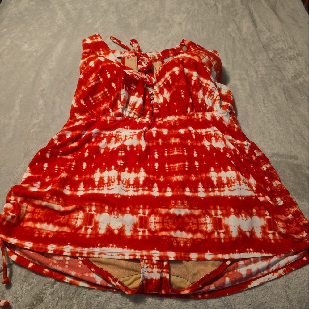 Swim Cacique Red White Tie Dye Swim Dress 40D One Piece Tie Back Vacation